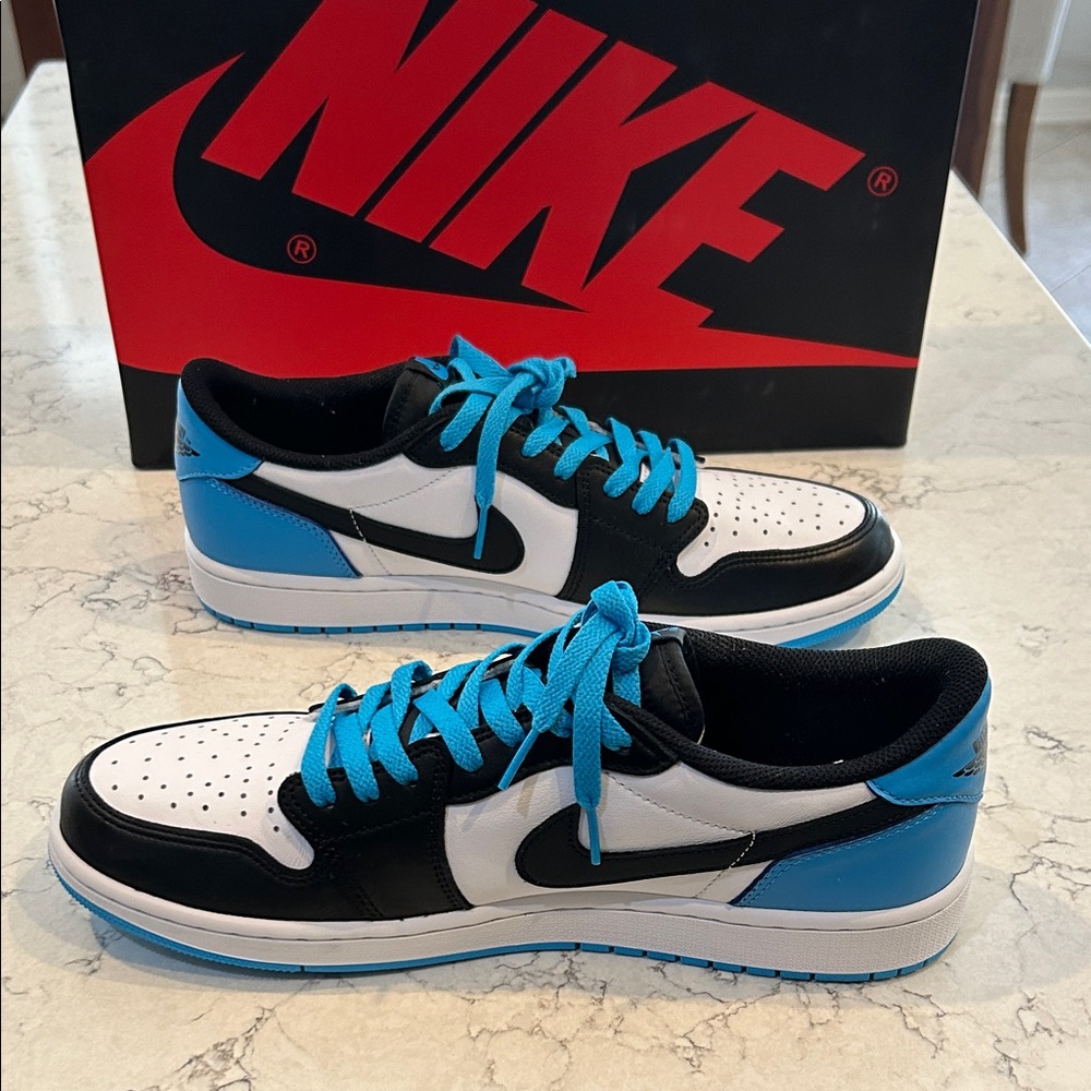 Air Jordan 1 Low Nike Men's Black and Dark Powder Blue Athletic Shoes - Picture 5 of 9